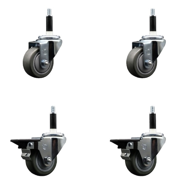 3'' Gray Poly Wheel Swivel 7/8'' Expanding Stem Caster Set 2 Brakes, 4PK